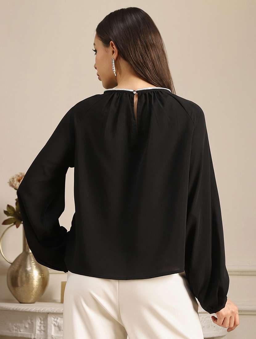 globus women black jewel neck raglan sleeves pleated detail georgette party top - 22052966 - Standard Image - 2