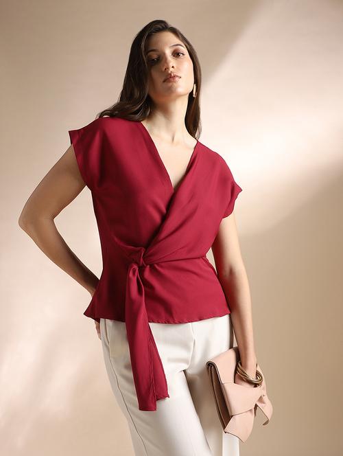 women solid short sleeve mock wrap top - 22052969 - Standard Image - 0