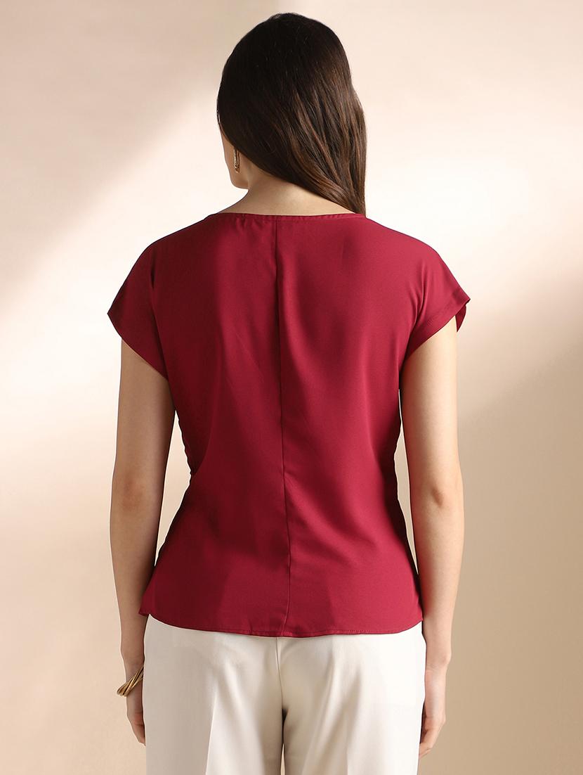 women solid short sleeve mock wrap top - 22052969 - Standard Image - 2