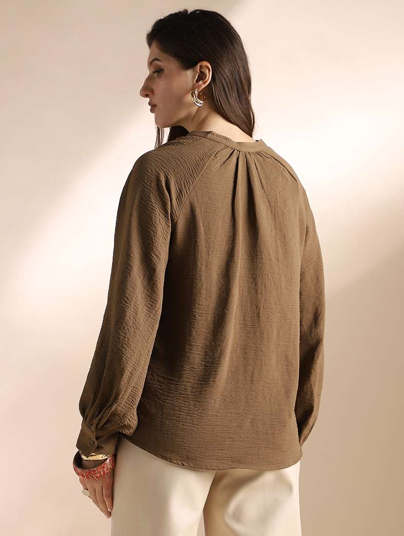 globus women brown mandarin neck raglan cuffed sleeves self design gathered detail workwear top - 22052971 - Standard Image - 2