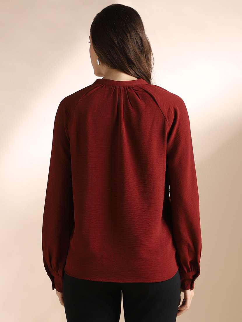 globus women maroon mandarin neck raglan cuffed sleeves self design gathered detail workwear top - 22052972 - Standard Image - 2