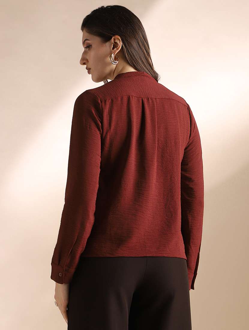 globus women burgundy v-neck cuffed sleeves self design workwear top - 22052973 -  Standard Image - 2