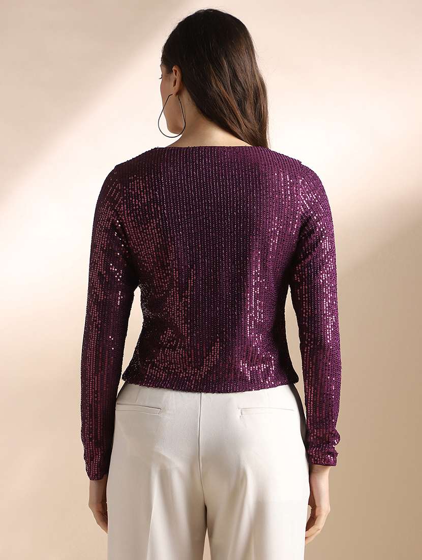 Globus Women Burgundy V-neck Long Sleeves Sequin Embellished Party Top - 22052975 -  Standard Image - 2