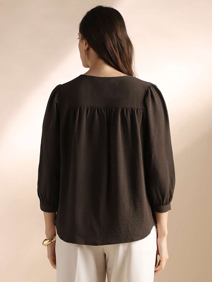globus women brown self design v-neck gathered detail workwear top - 22052977 - Standard Image - 2