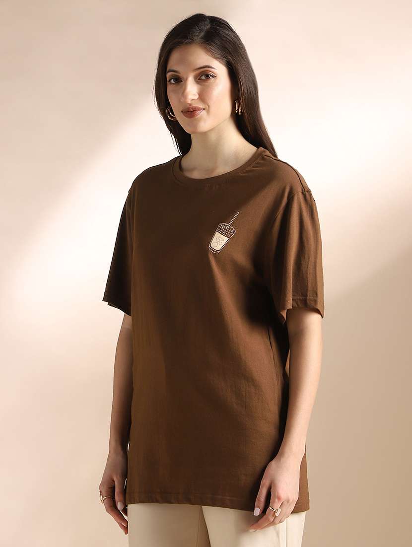 globus women brown round neck drop shoulder sleeves graphic back print oversized t-shirt - 22052978 -  Standard Image - 2