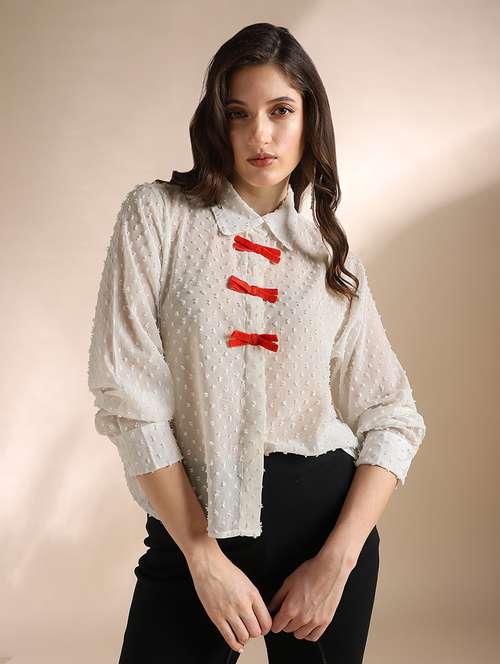 globus women white collared neck cuffed sleeves self design velvet bow detail georgette workwear shirt - 22052979 -  Standard Image - 0