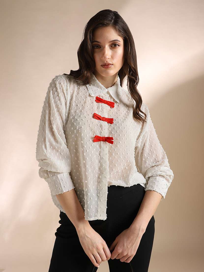 globus women white collared neck cuffed sleeves self design velvet bow detail georgette workwear shirt - 22052979 -  Zoom Image - 0