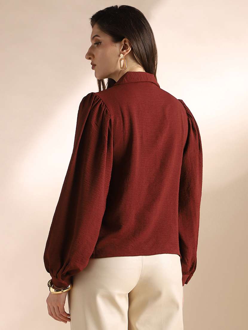 globus women maroon self design collared neck puff sleeves workwear shirt - 22052981 -  Standard Image - 2