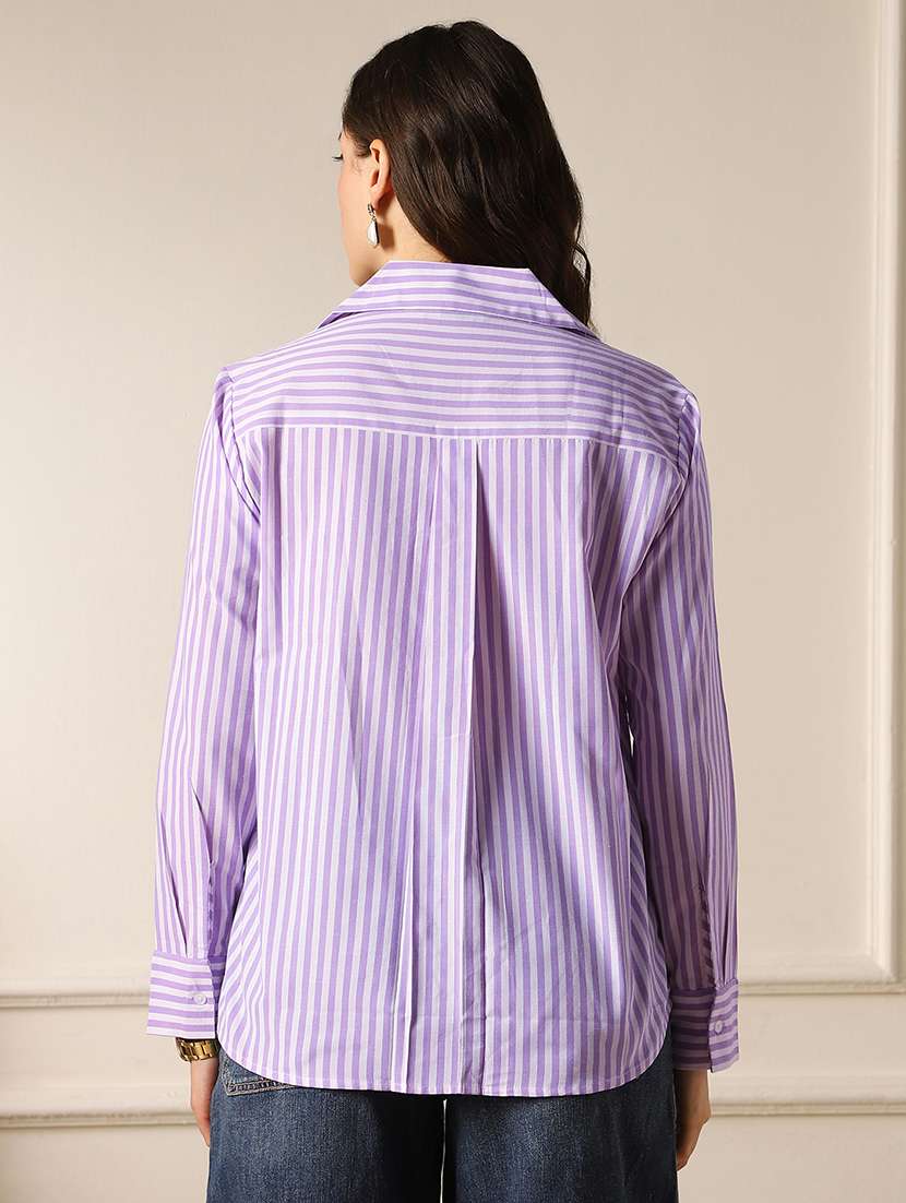 globus women lavender striped collared neck cuffed sleeves front pocket curved hem workwear shirt - 22052982 -  Standard Image - 2