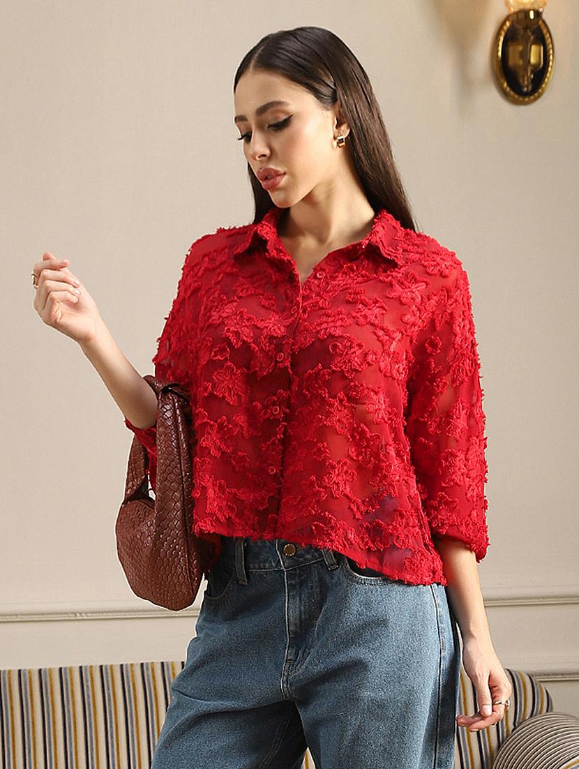 globus women red collared neck cuffed sleeves floral self design georgette shirt - 22052983 -  Zoom Image - 0