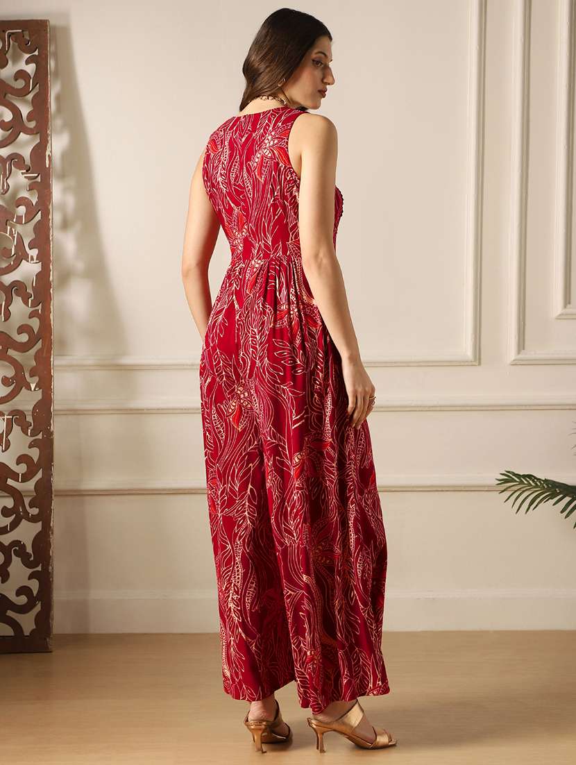 globus women maroon ethnic print round neck lace detail flared wide leg fusion jumpsuit - 22052985 -  Standard Image - 2