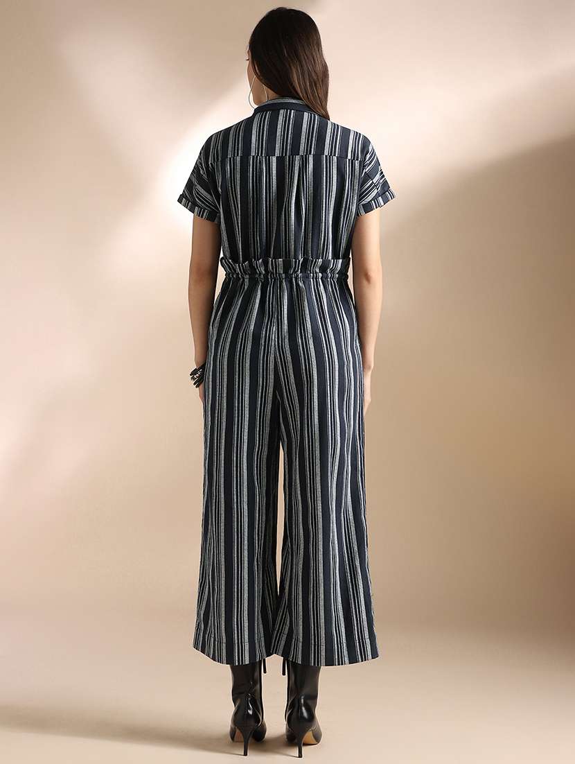 globus women navy blue striped extended sleeves collared neck waist tie-ups wide leg jumpsuit  - 22052986 -  Standard Image - 2
