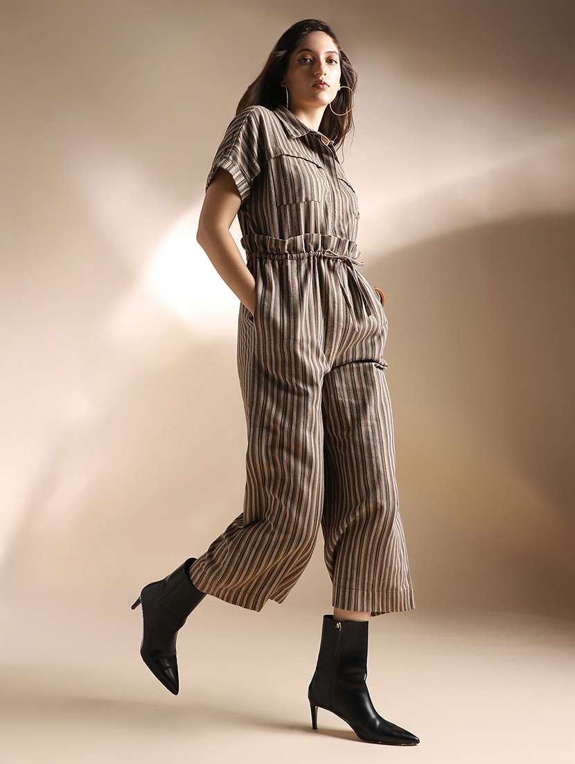 globus women brown striped extended sleeves collared neck waist tie-ups wide leg jumpsuit 