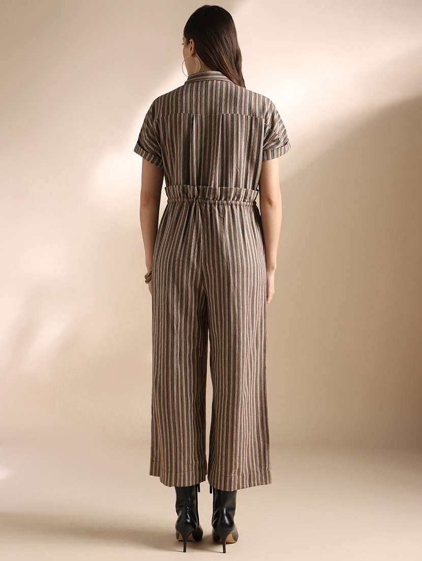 globus women brown striped extended sleeves collared neck waist tie-ups wide leg jumpsuit  - 22052987 -  Standard Image - 2