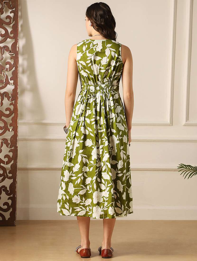 globus women green floral print wrap v-neck smocked detail fit & flared midi dress  - 22052990 -  Standard Image - 2