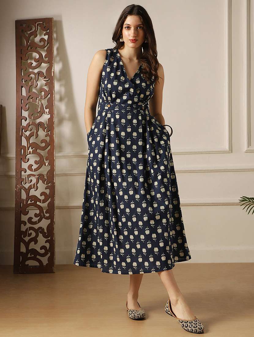 globus women navy blue floral print wrap v-neck smocked detail fit & flared midi dress 