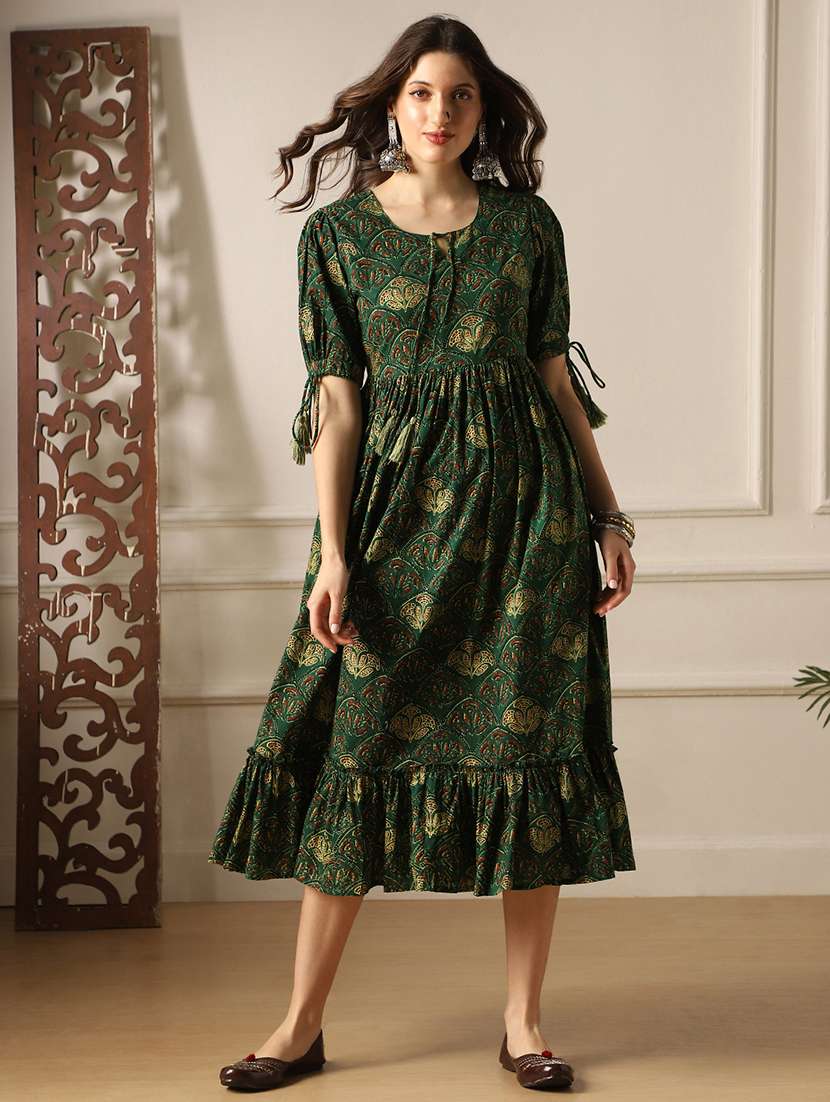 globus women green round neck puff sleeves ethnic print tie-ups detail tiered a-line midi dress