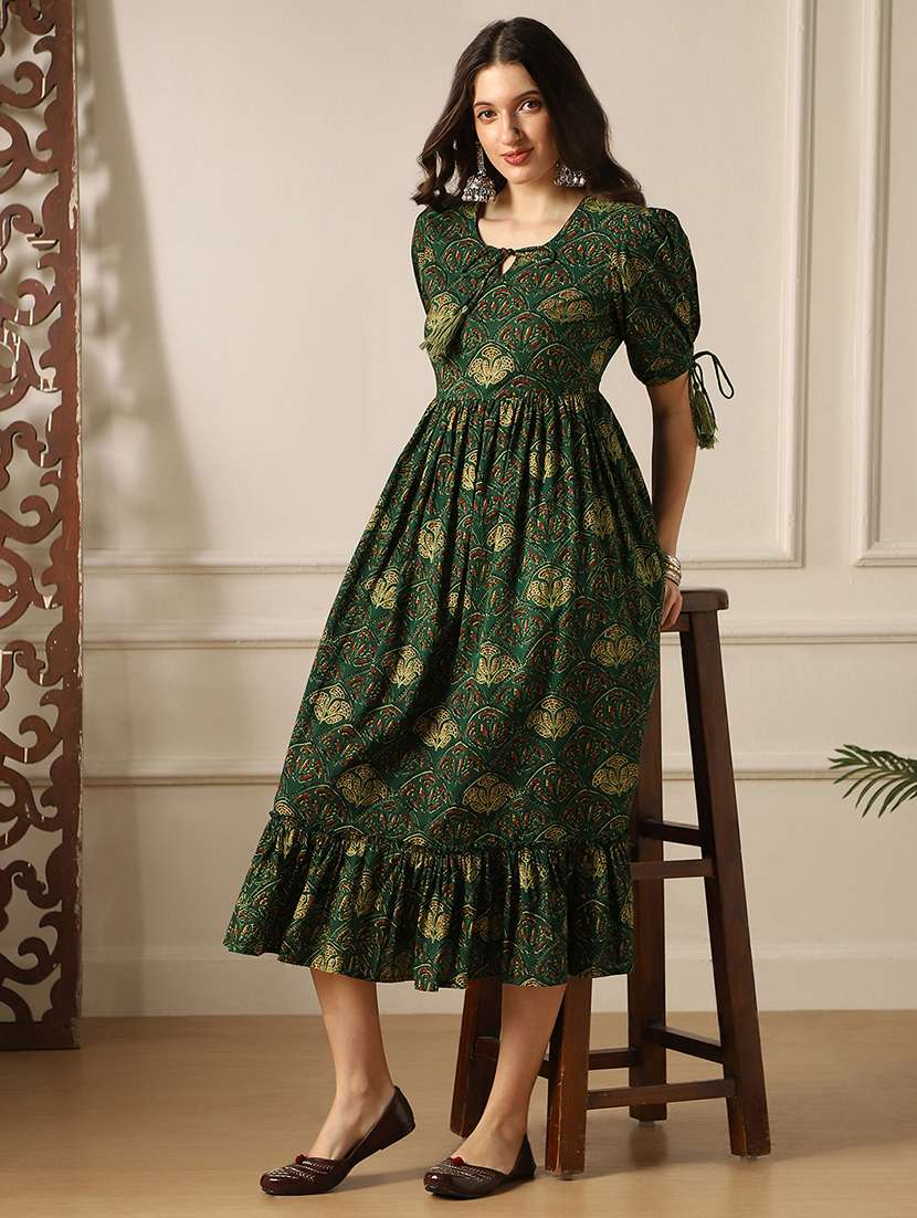 globus women green round neck puff sleeves ethnic print tie-ups detail tiered a-line midi dress - 22052992 -  Standard Image - 2
