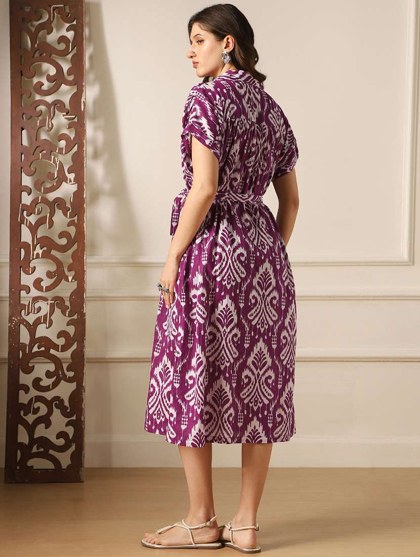 globus women purple ethnic print collared neck extended sleeves belted shirt style midi dress - 22052994 -  Standard Image - 2