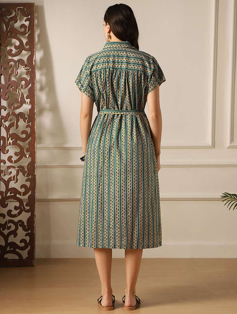 globus women green ethnic print collared neck extended sleeves belted shirt style midi dress - 22052995 -  Standard Image - 2