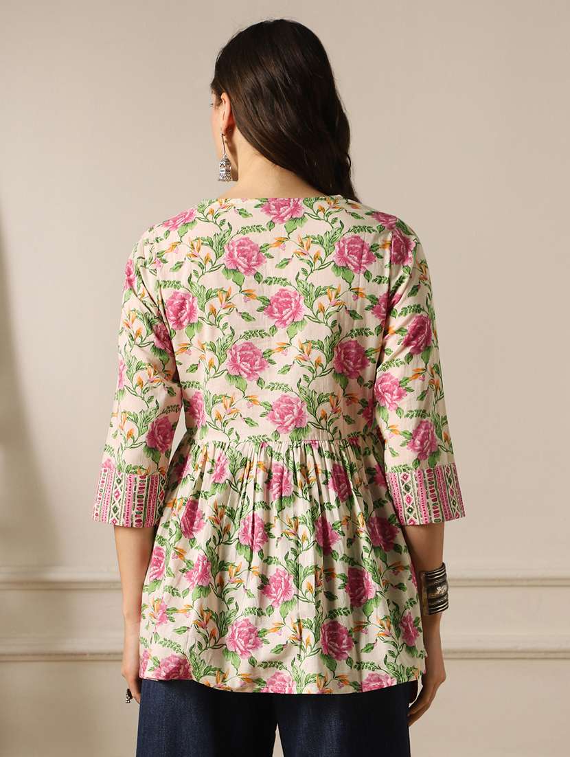 globus women pink v-neck floral print tie-up tassel detail gathered top - 22053002 -  Standard Image - 2