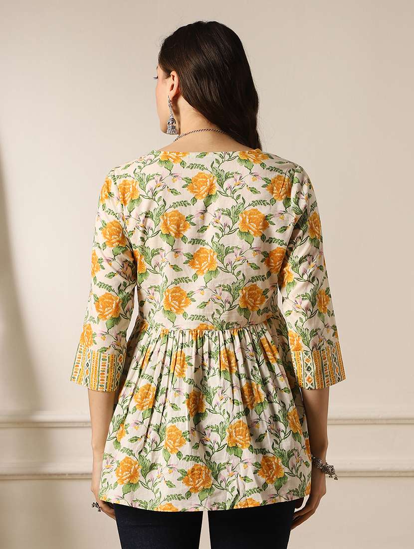 globus women yellow v-neck floral print tie-up tassel detail gathered top - 22053003 -  Standard Image - 2