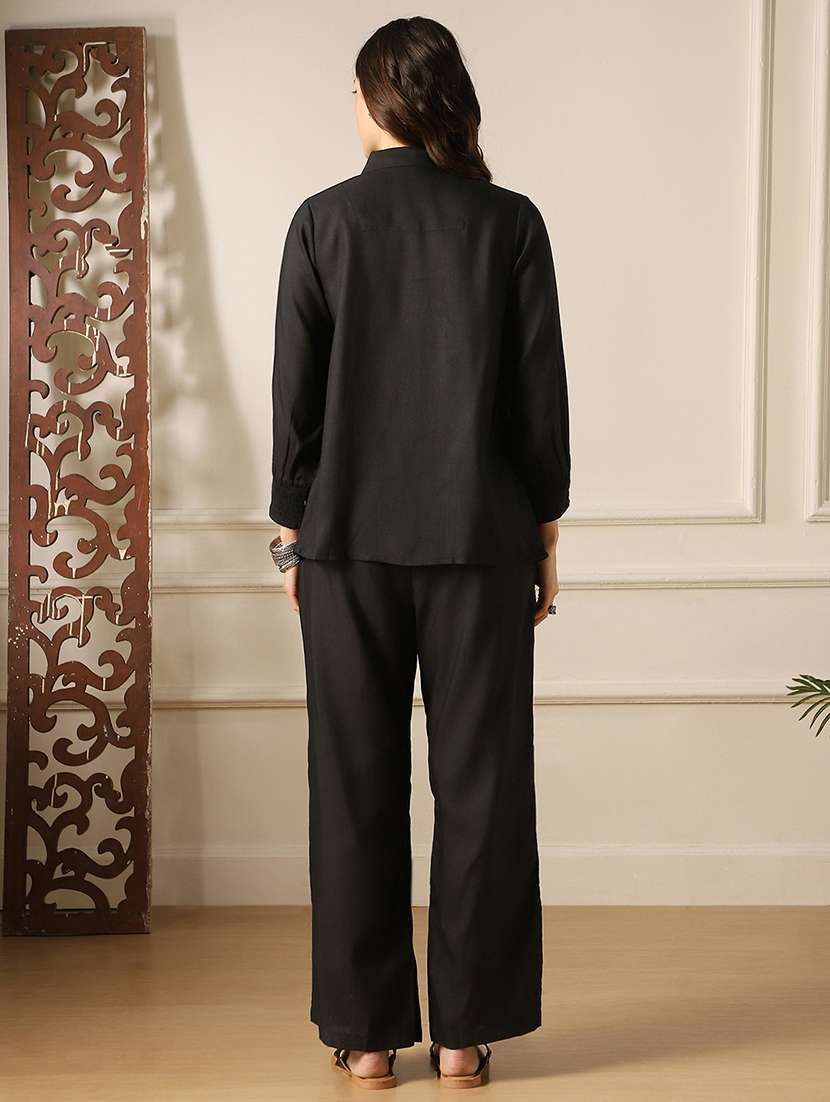 globus women black shirt collar bishop sleeve top & trousers co-ord set  - 22053004 -  Standard Image - 2