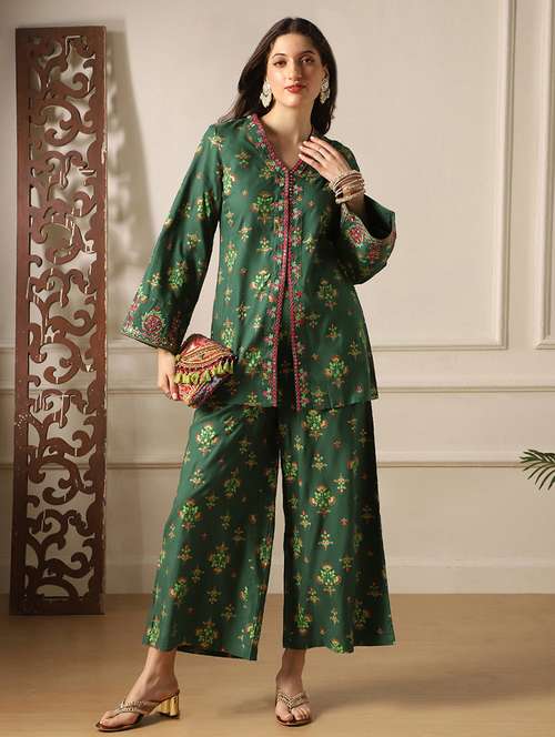 globus women green embroidery detail mirror work ethnic motifs bell sleeves front slit top with pants fusion co-ord set - 22053006 -  Standard Image - 0