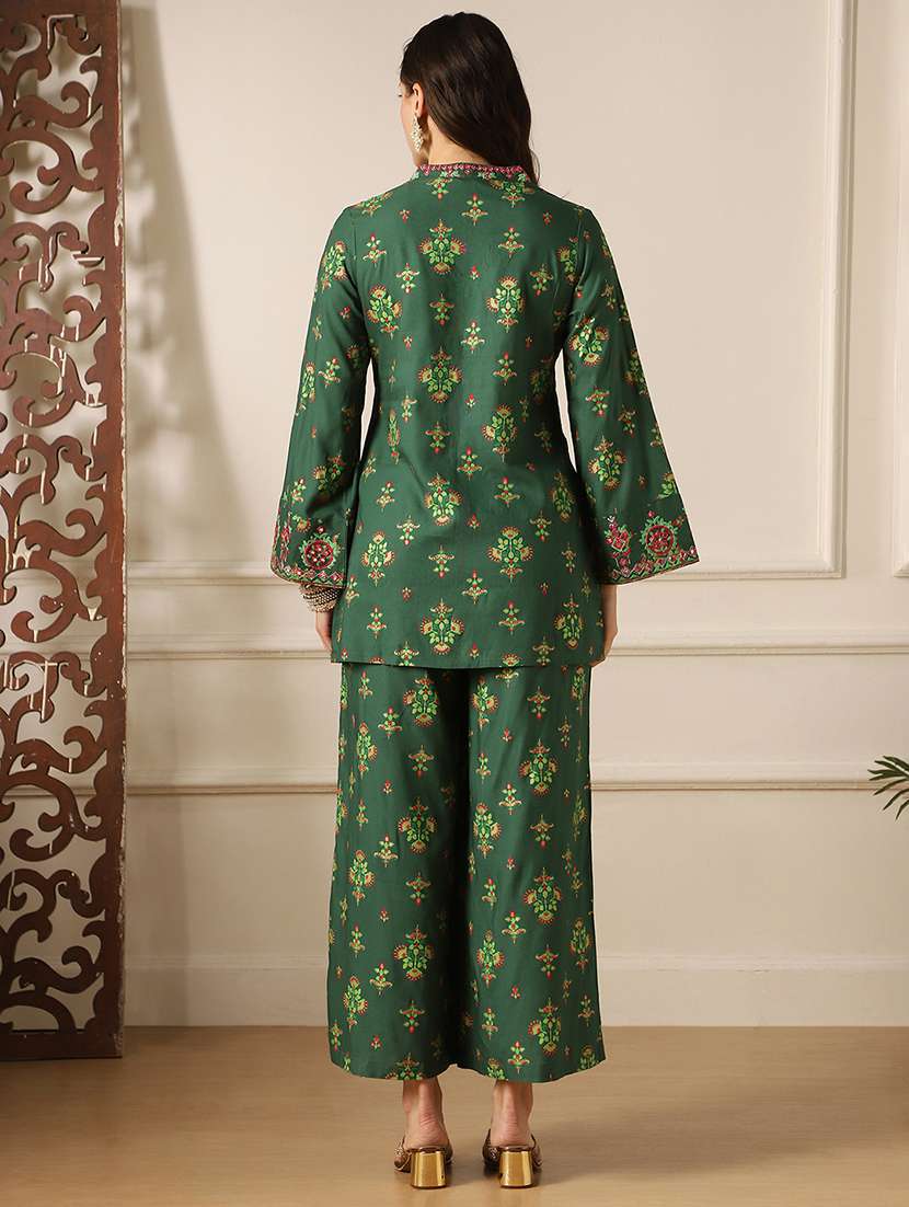 globus women green embroidery detail mirror work ethnic motifs bell sleeves front slit top with pants fusion co-ord set - 22053006 - Standard Image - 2
