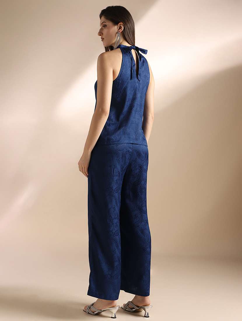 globus women blue halter neck self design sleeveless top & trousers party co-ord set - 22053007 - Standard Image - 2