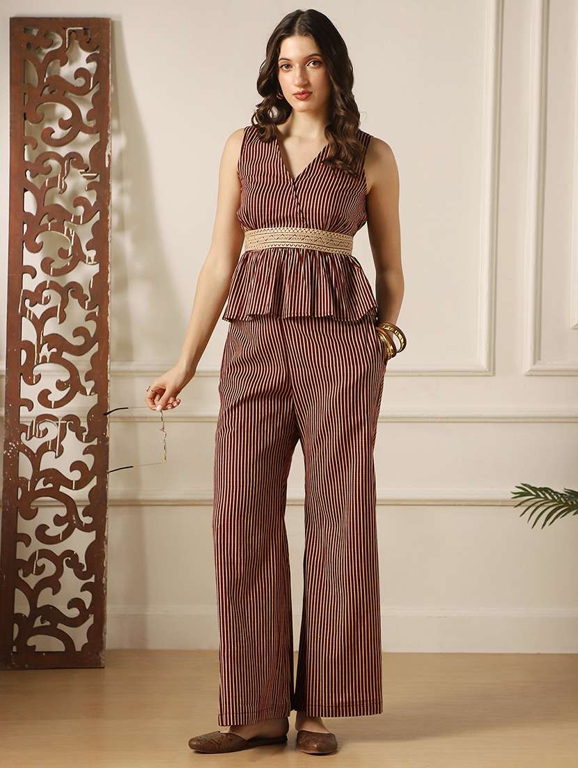 globus women burgundy v-neck striped embroidered belt peplum top & bell bottom pants fusion co-ord set