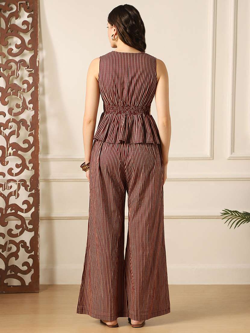 globus women burgundy v-neck striped embroidered belt peplum top & bell bottom pants fusion co-ord set - 22053011 -  Standard Image - 2