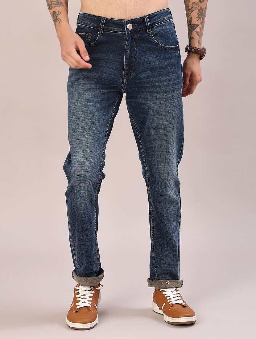 men washed mid rise full length jeans