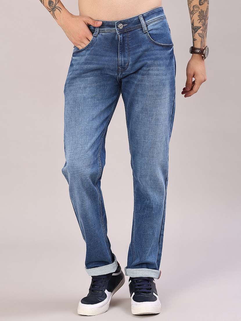 men washed mid rise full length jeans