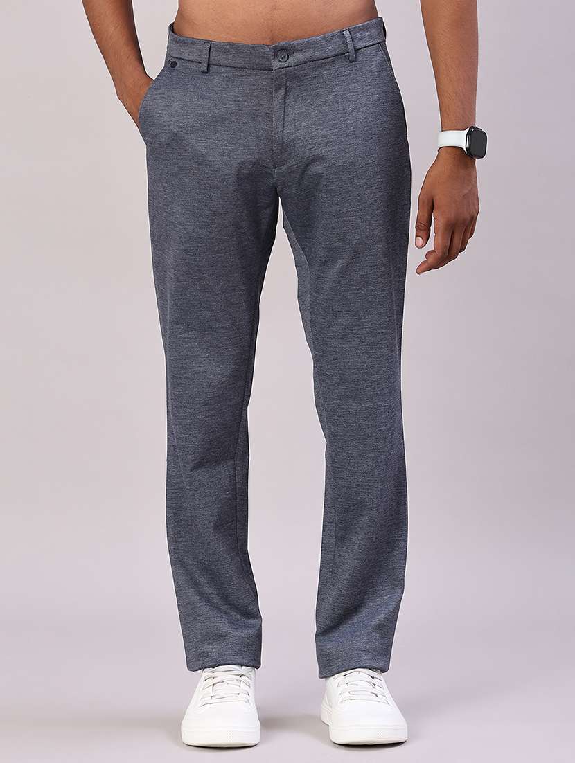 men solid mid rise flat front casual trouser