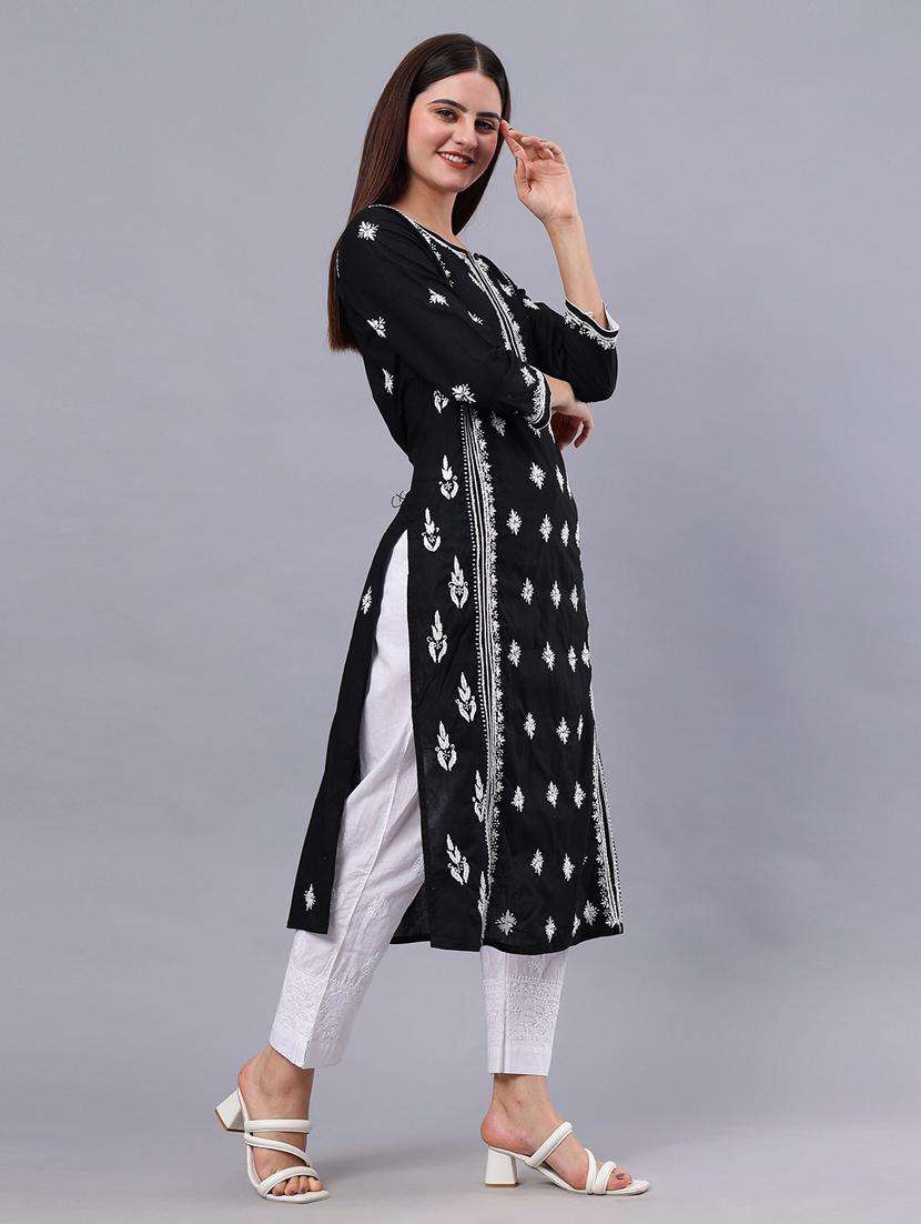 women chikankari three quarter sleeve straight kurta - 22053646 -  Standard Image - 2