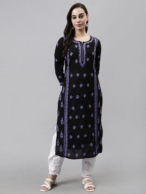 women chikankari three quarter sleeve straight kurta - 22053647 - Standard Image - 0
