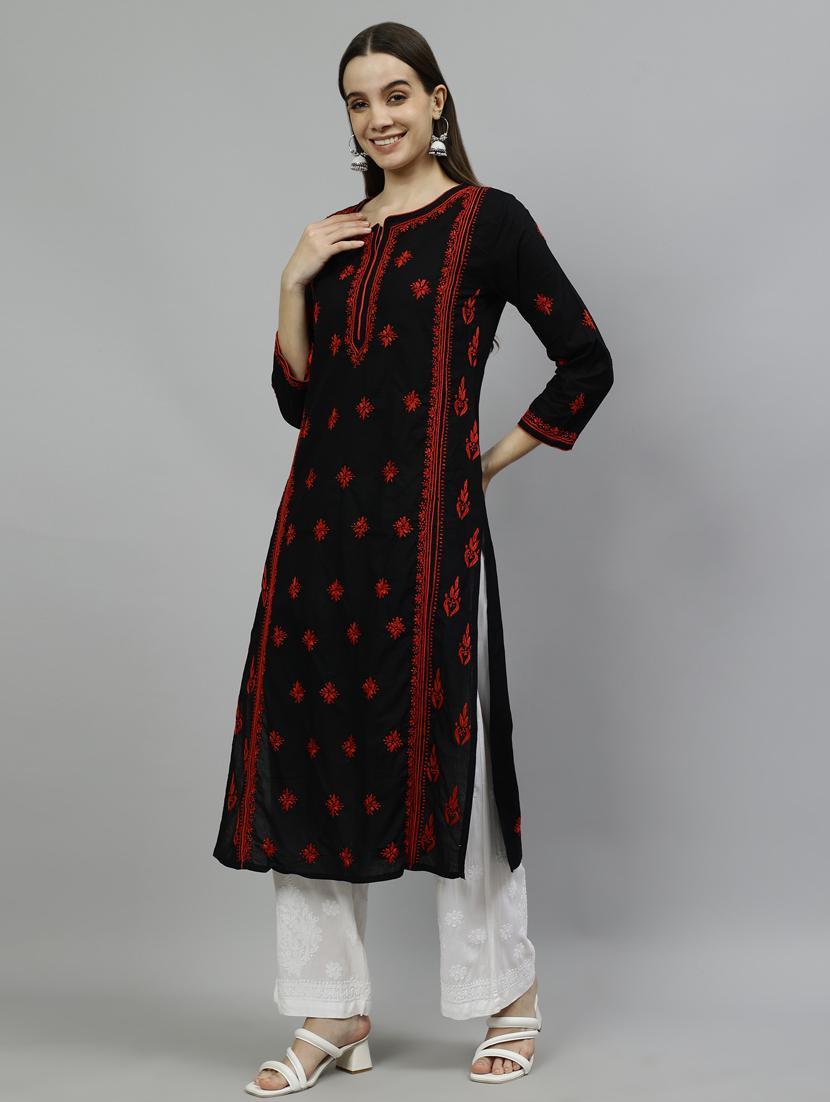 women chikankari three quarter sleeve straight kurta - 22053648 - Standard Image - 2