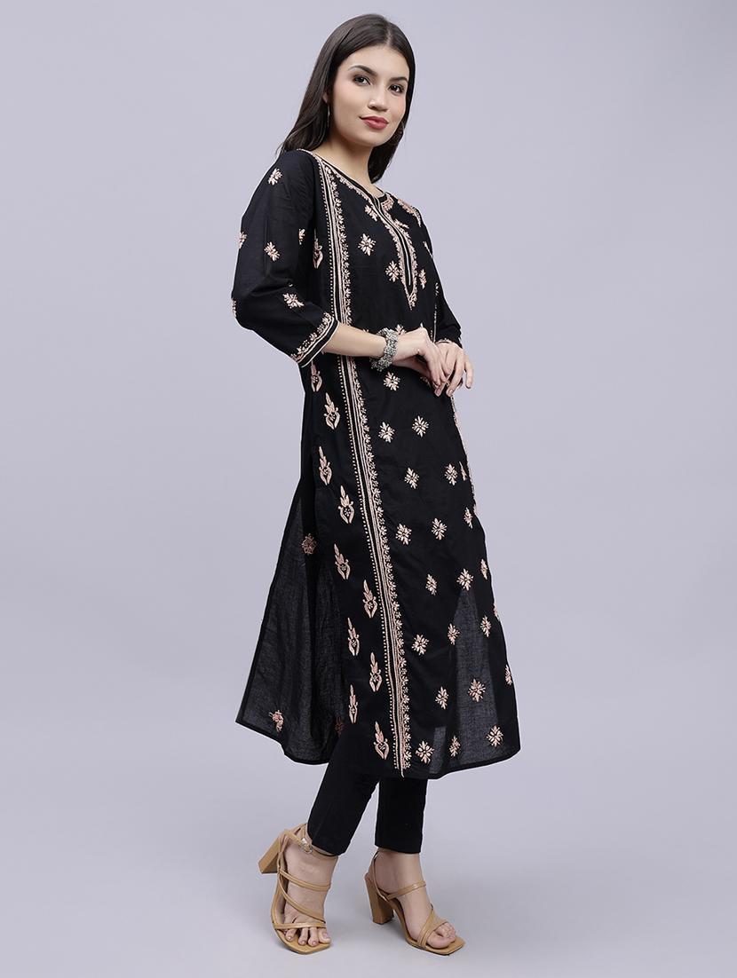 women chikankari three quarter sleeve straight kurta - 22053649 - Standard Image - 2