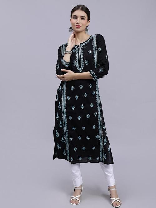 women chikankari three quarter sleeve straight kurta - 22053651 - Standard Image - 0