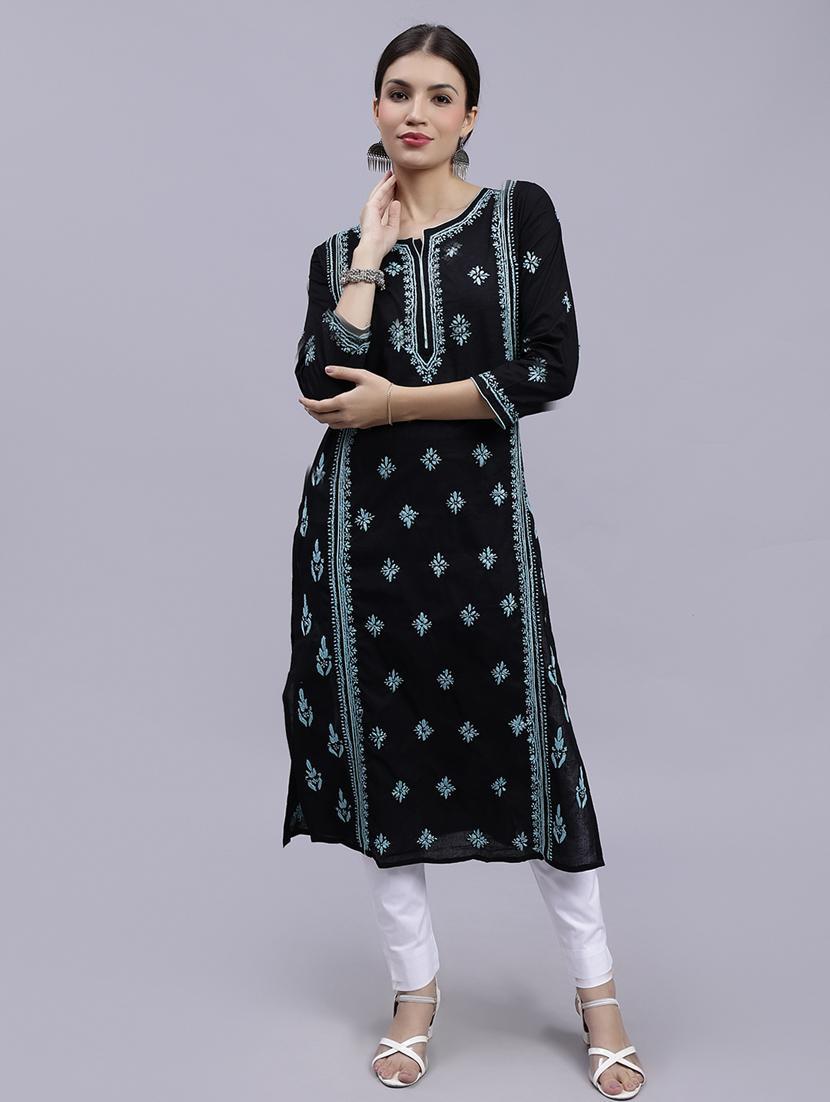 women chikankari three quarter sleeve straight kurta - 22053651 - Zoom Image - 0