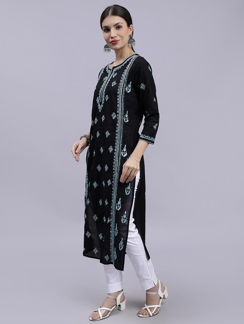 women chikankari three quarter sleeve straight kurta - 22053651 - Standard Image - 2
