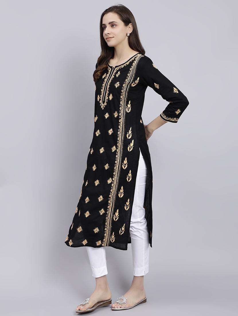 women chikankari three quarter sleeve straight kurta - 22053652 -  Standard Image - 2