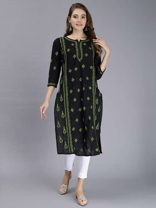 women chikankari three quarter sleeve straight kurta - 22053653 -  Standard Image - 0