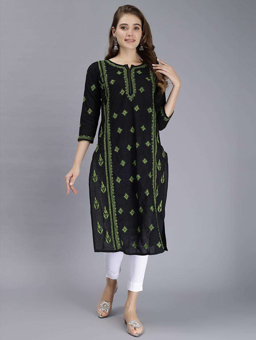 women chikankari three quarter sleeve straight kurta - 22053653 -  Zoom Image - 0