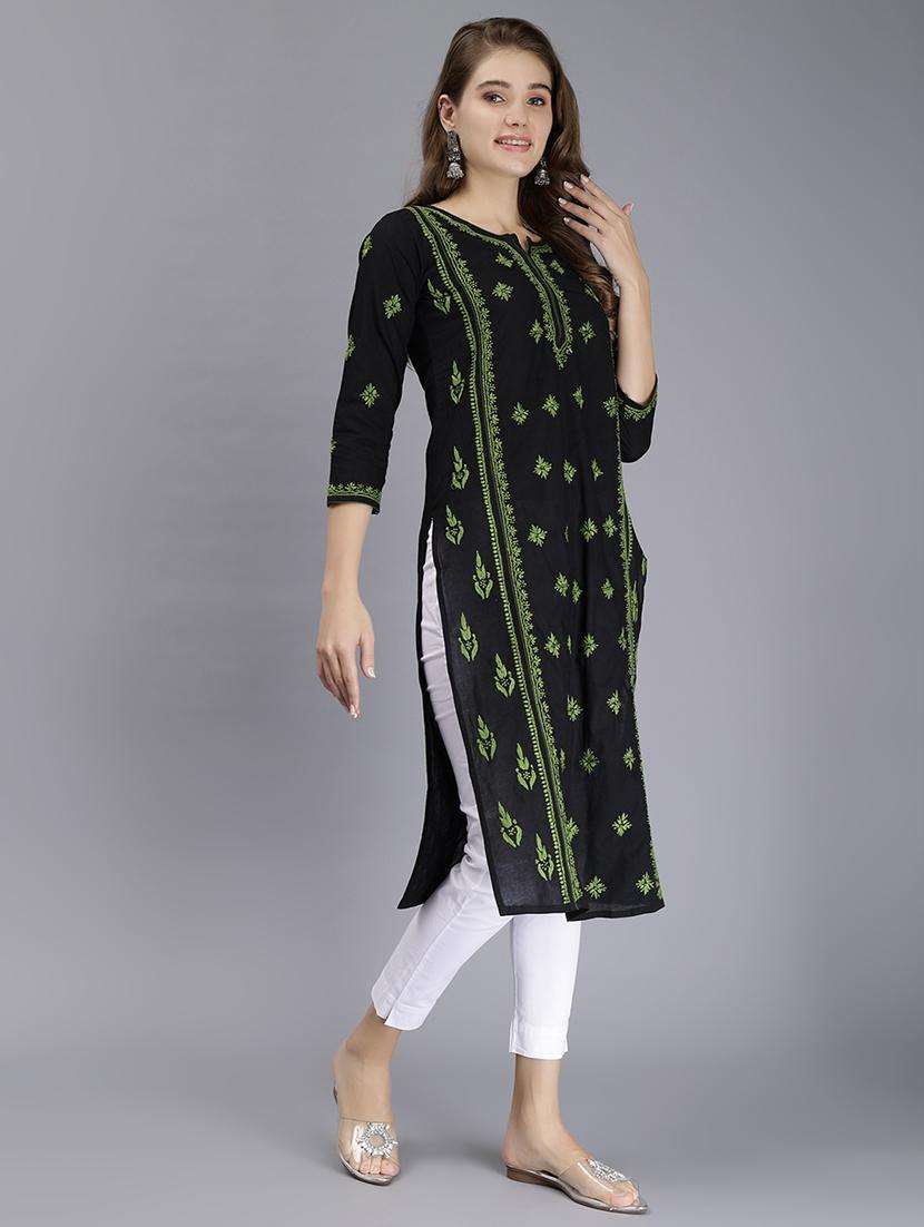 women chikankari three quarter sleeve straight kurta - 22053653 - Standard Image - 2