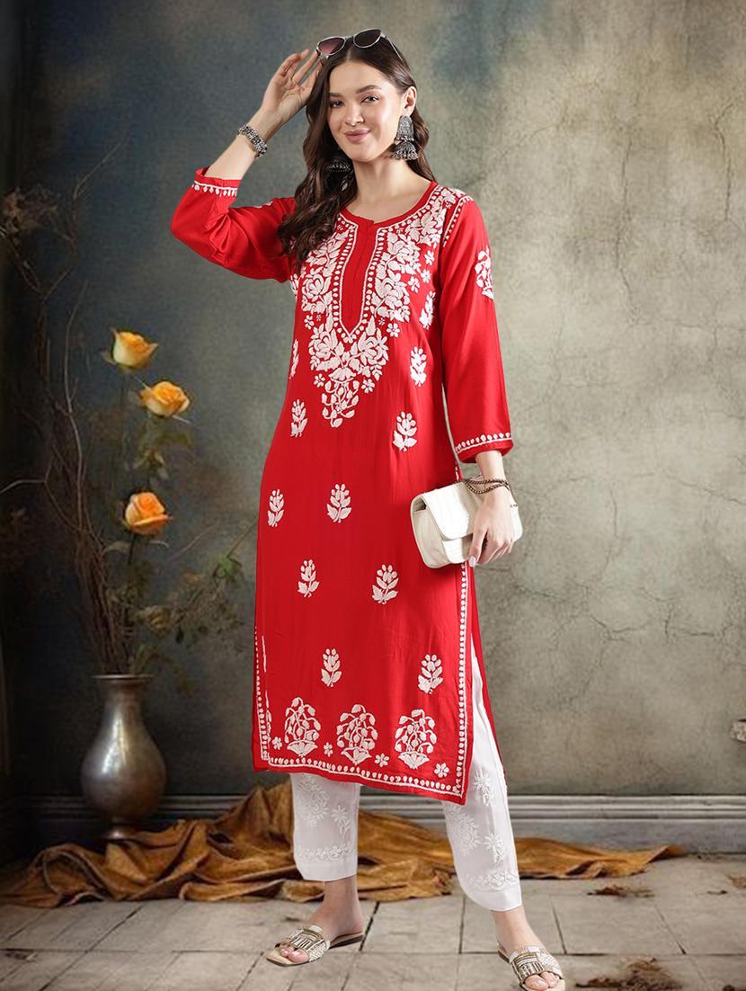 women chikankari three quarter sleeve straight kurta - 22053654 - Zoom Image - 0