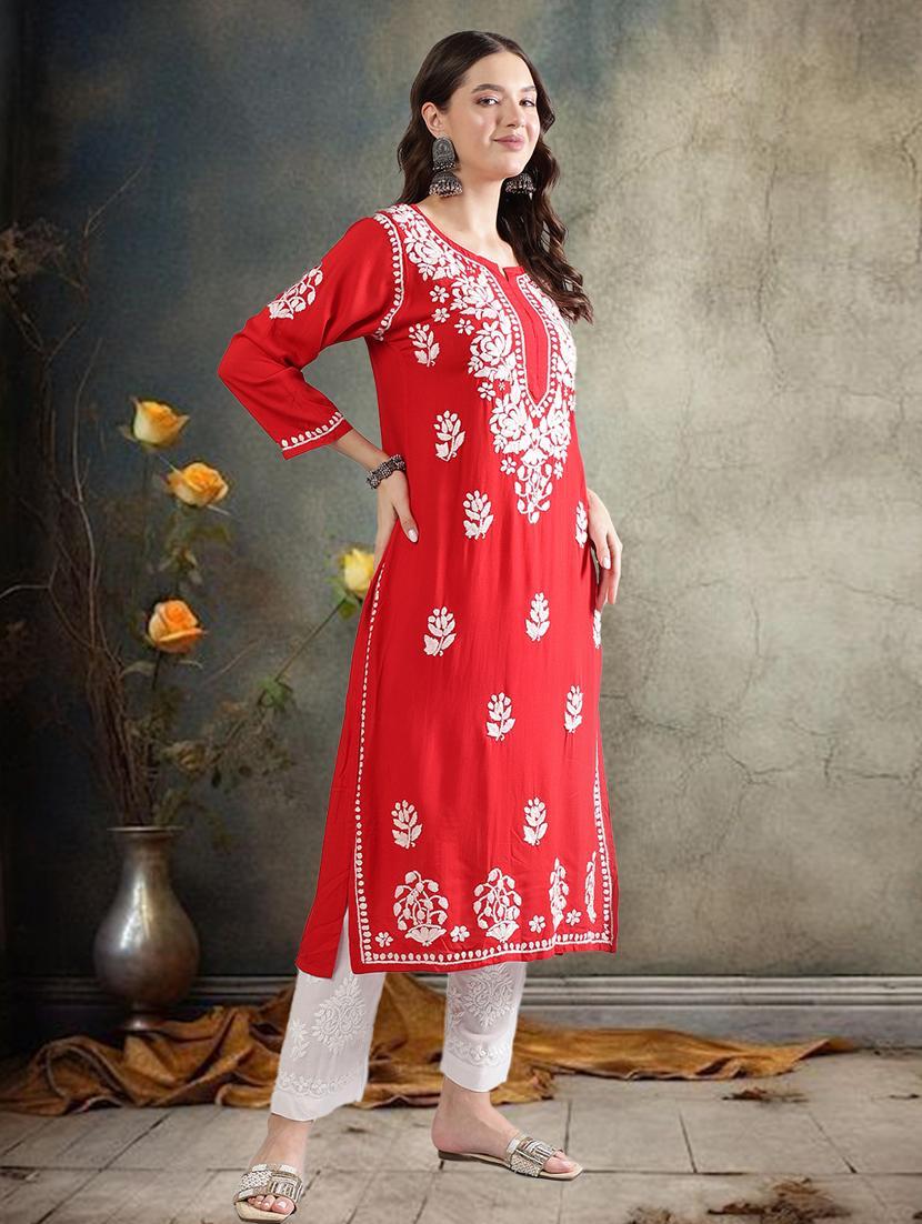 women chikankari three quarter sleeve straight kurta - 22053654 - Standard Image - 2