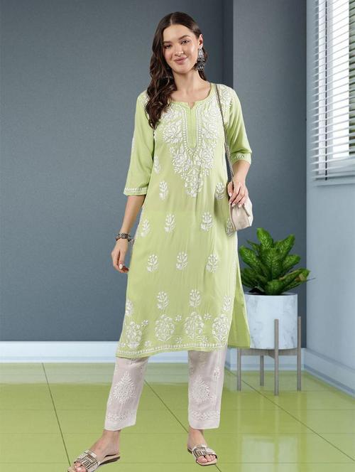 women chikankari three quarter sleeve straight kurta - 22053655 -  Standard Image - 0
