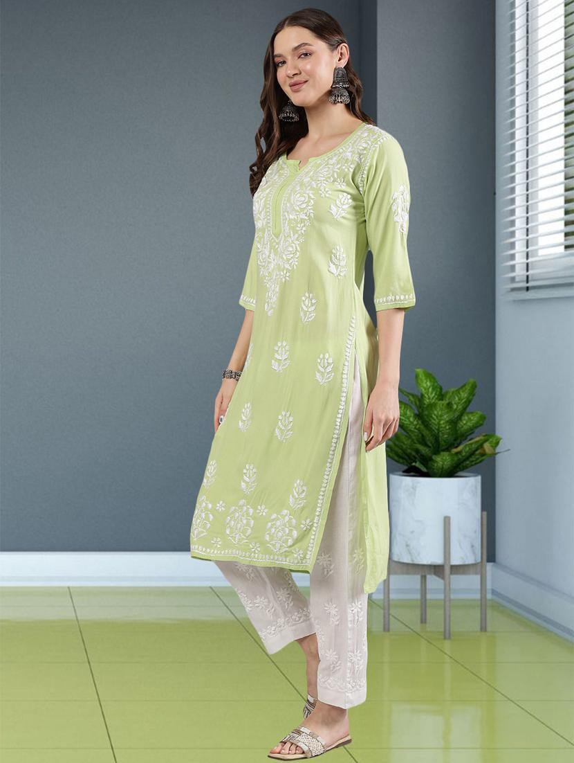 women chikankari three quarter sleeve straight kurta - 22053655 - Standard Image - 2